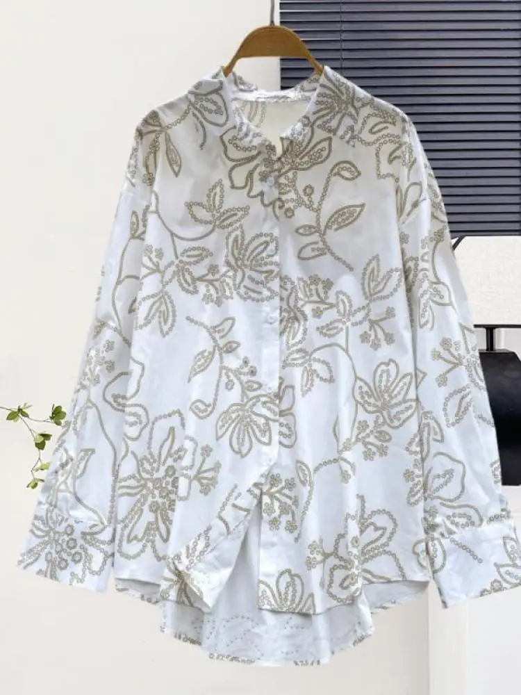 

Korean Fashion Autumn Print Long Sleeved Festival Shirt Women's Elegant Single Breasted Versatile Cardigan Blouse Trendy Popular