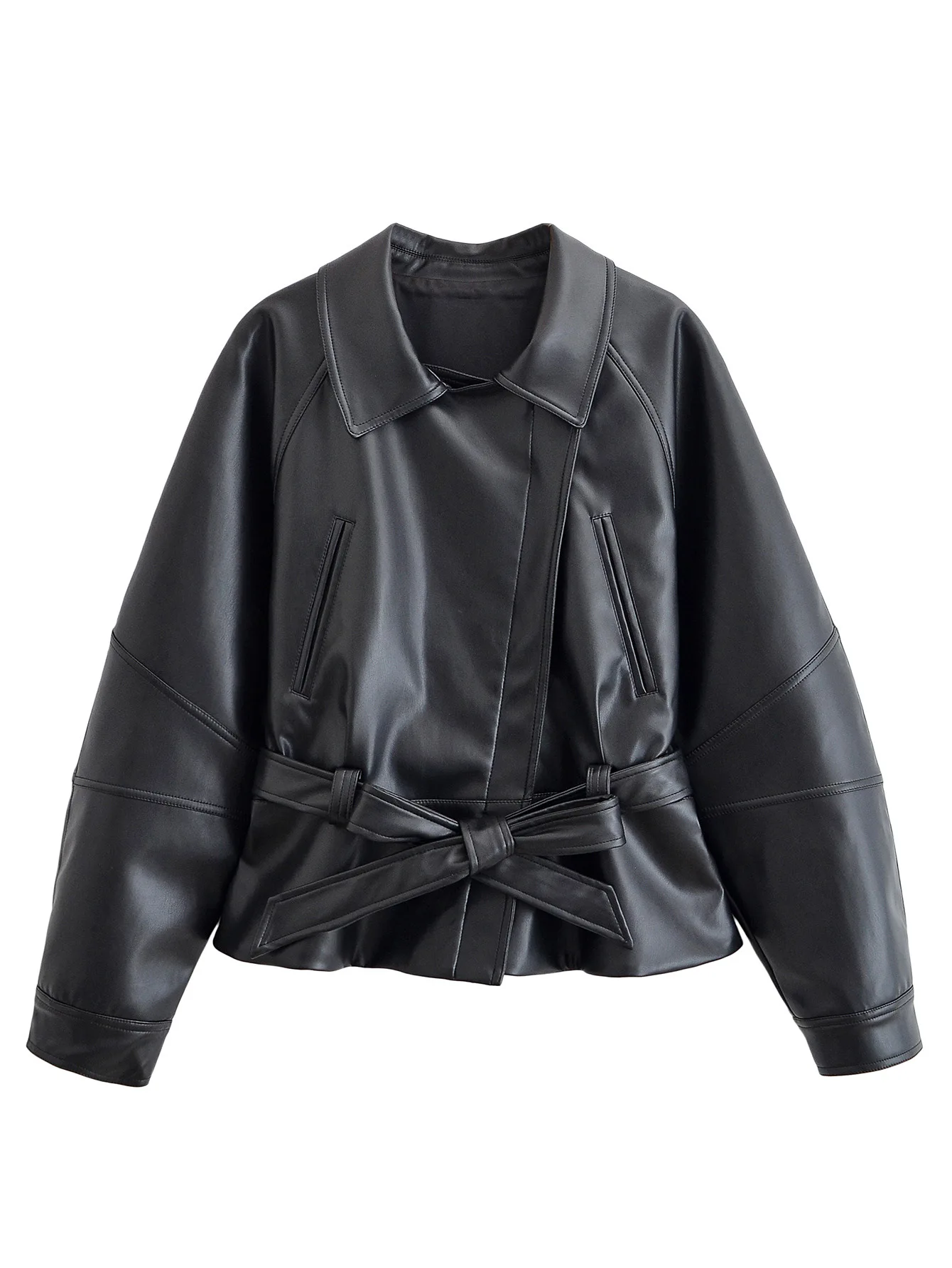 Women Fashion Black Short Faux Leather Trench Coat Long Sleeve Lapel Jacket With Belt Vintage Lady Motorcycle Jacket Outwear