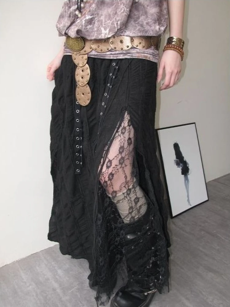 

2000s High Waist Waste Soil Wind Floral Slit Vintage Skirts Casual Midi Stirts Pure Black Color Y2k Subculture Skirt Autumn