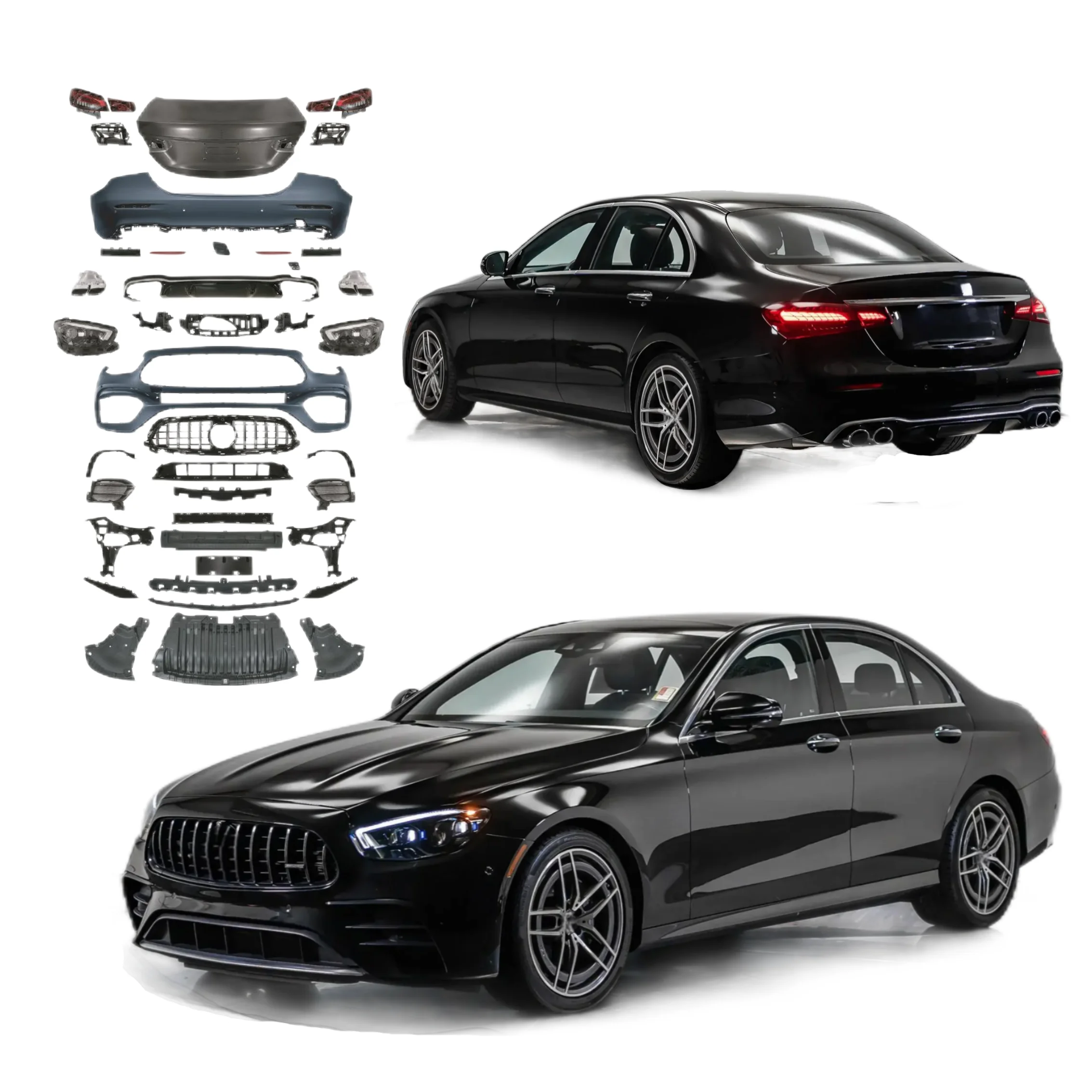 

Комплект обвеса для Mercedes-Benz W213 E-Class (2016-2020), обновление до стиля E63 AMG (2023+): бампер, решетка радиатора, спойлер, накладка на багажник. Новое состояние.