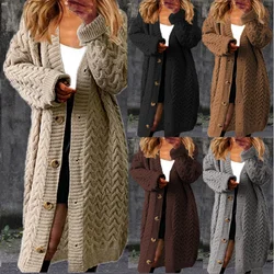 Autumn Winter New Long-Knit Sweater Women's Solid Color Buttons plus Size Cardigan Coat