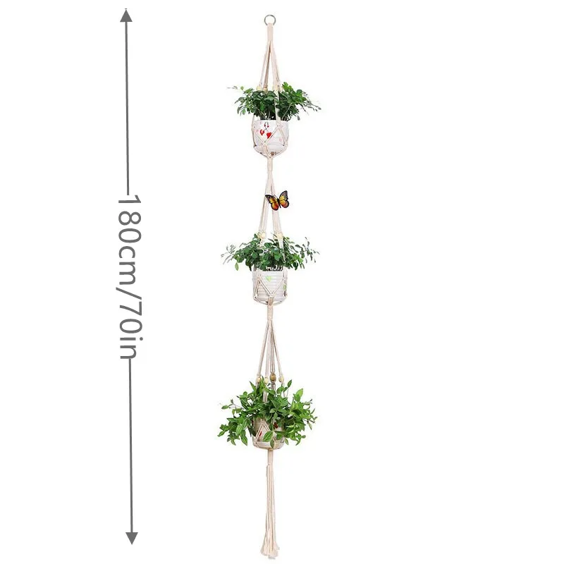 1Pc Macrame Plant Hanger 3 Tier Indoor Outdoor Hanging Planter Basket Cotton Rope with Beads 180cm