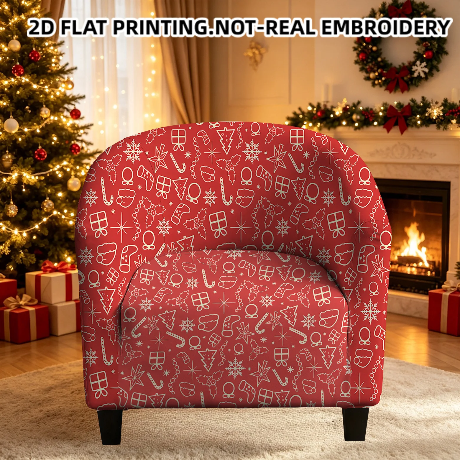 Christmas seamless printed red candy canes socks snowflakes armrest sofa cover, 2D printed elastic single club sofa cover