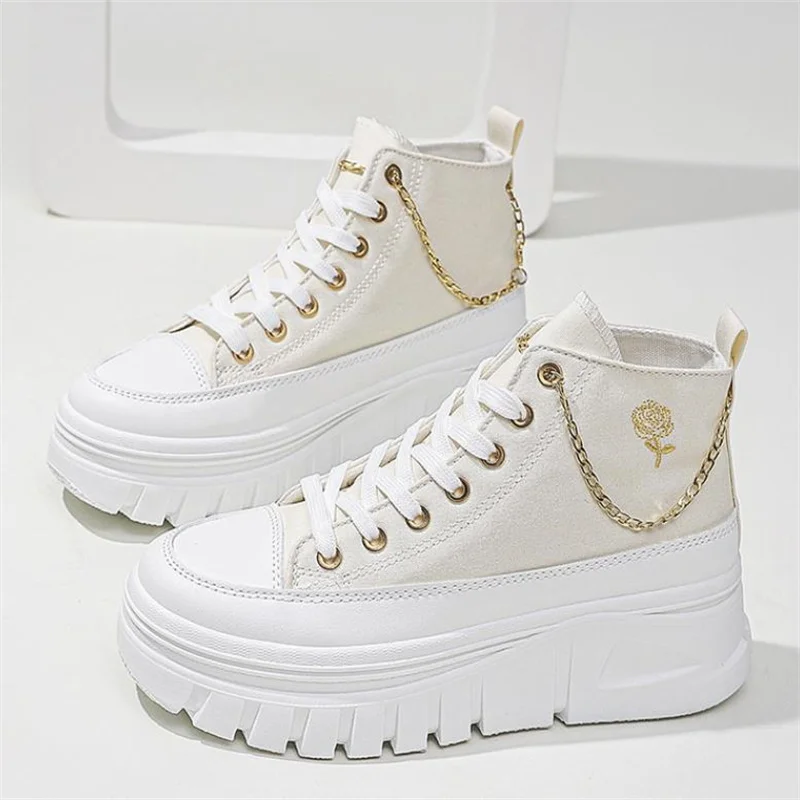 Women Lace-Up Front High Top Flatform Canvas Shoes Fashion Casual Comfortable Height Increasing embroidery Sneakers