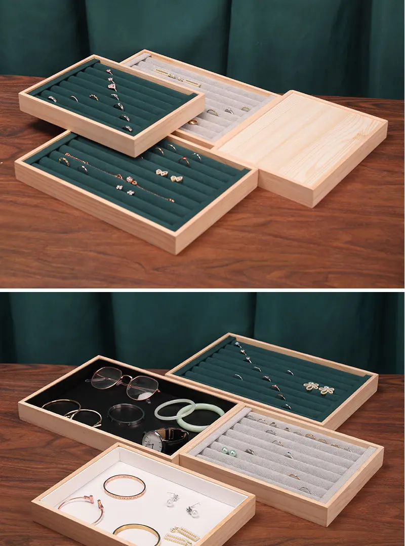 Solid Wood Small Flannel Ring Display Plate, Stud Earrings, Bracelet, Storage and Finishing Box, Ring Jewelry