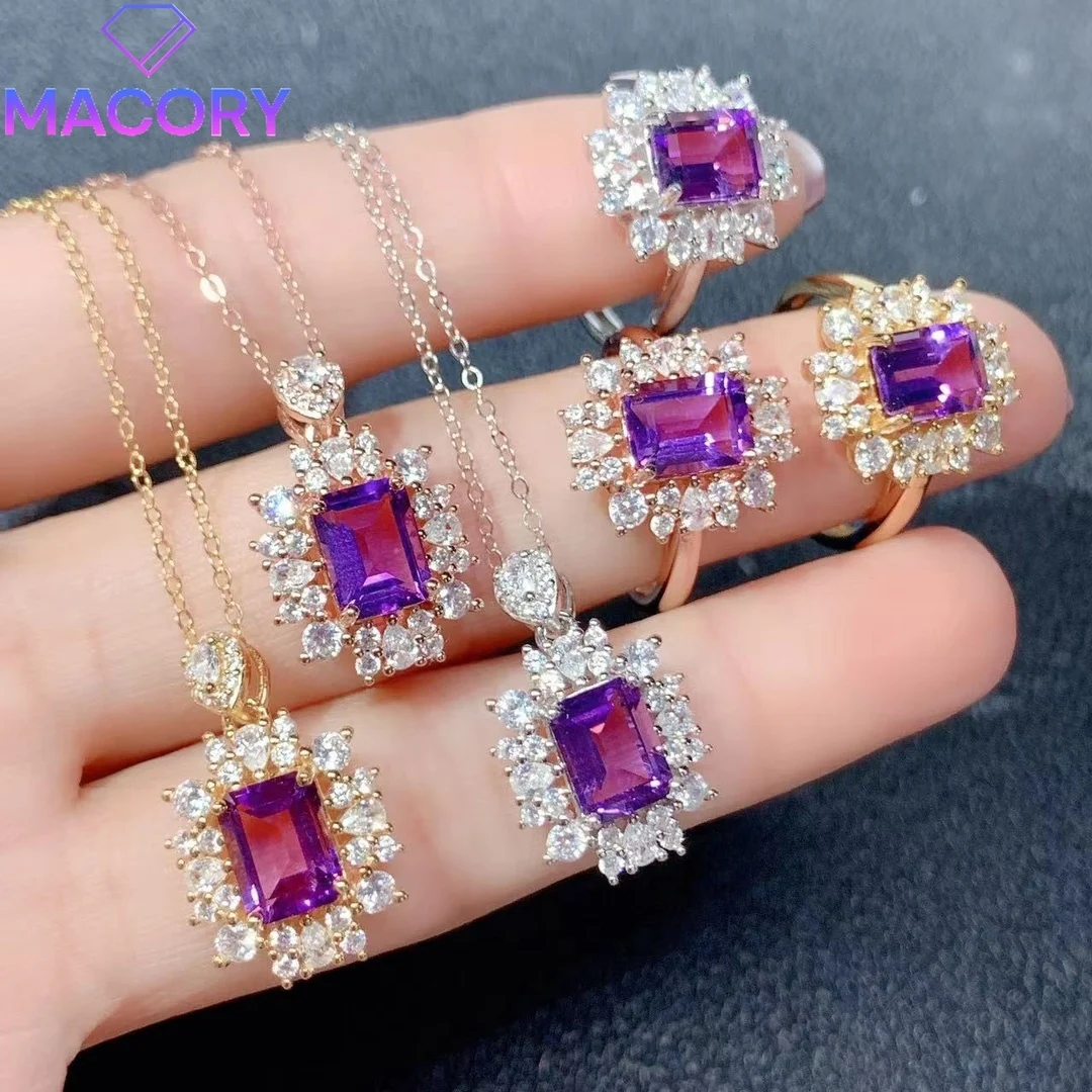 Feminine sterling silver 925 natural amethyst jewelry set necklace elegant women's set free shipping promotion Christmas.