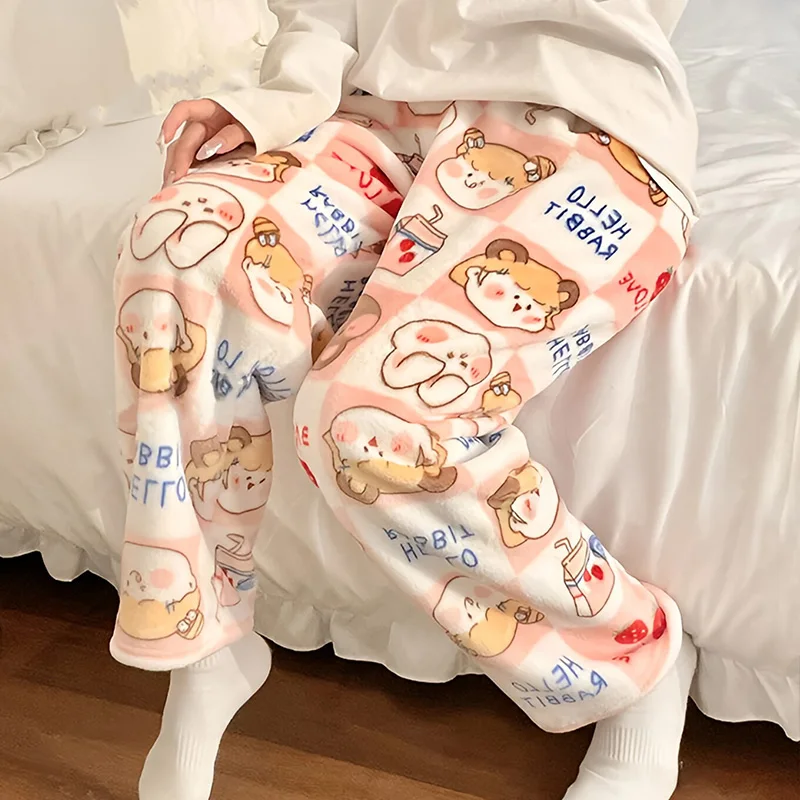 

Korean Cartoon Girl Kawaii Pajamas Pants Women Christmas Warm Fluffy PJ Pants Pink Plush Flannel Sleepwear Home Pyjamas Trousers
