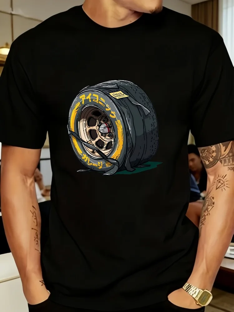 Retro Jdm Car Wheel Art Mens Tee Japanese Kanji Drift Tire Print Cotton Short Sleeve Casual Street Top For Male Car Tuning Fans