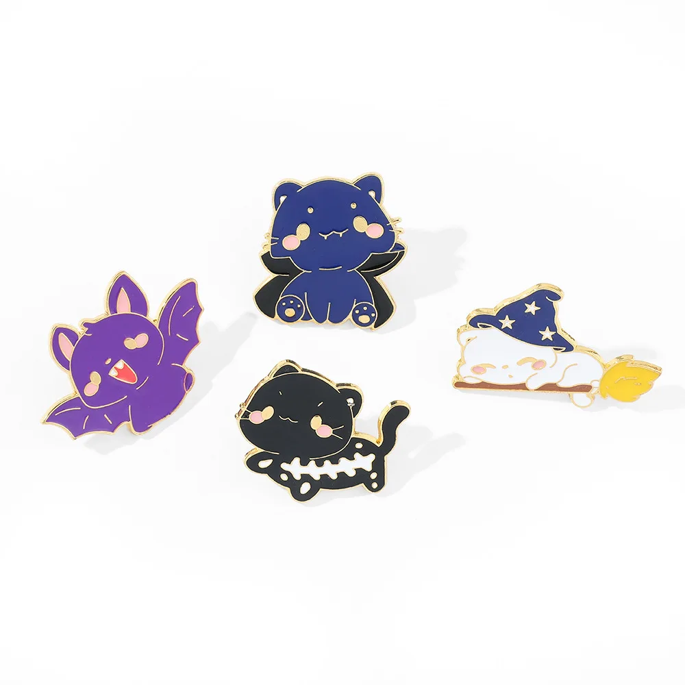 1 Set Halloween Cartoon Funny Little Cat Brooch Little Bat Cat Magic Hat Cat Riding Broom Alloy Cute Badge Accessory