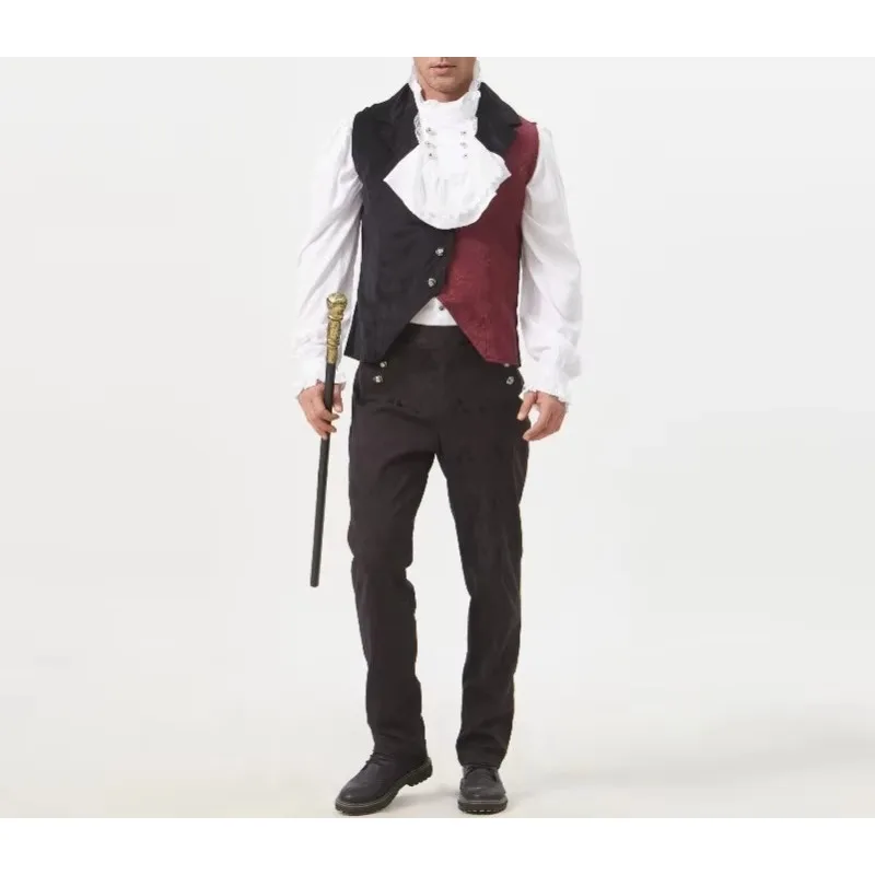 Tuxedo Vest Coat Gothic Devil Punk Men Clown Circus Vampire Evil Costume Dark Outfit Contrast Waistcoat Lapel Collar Red Black