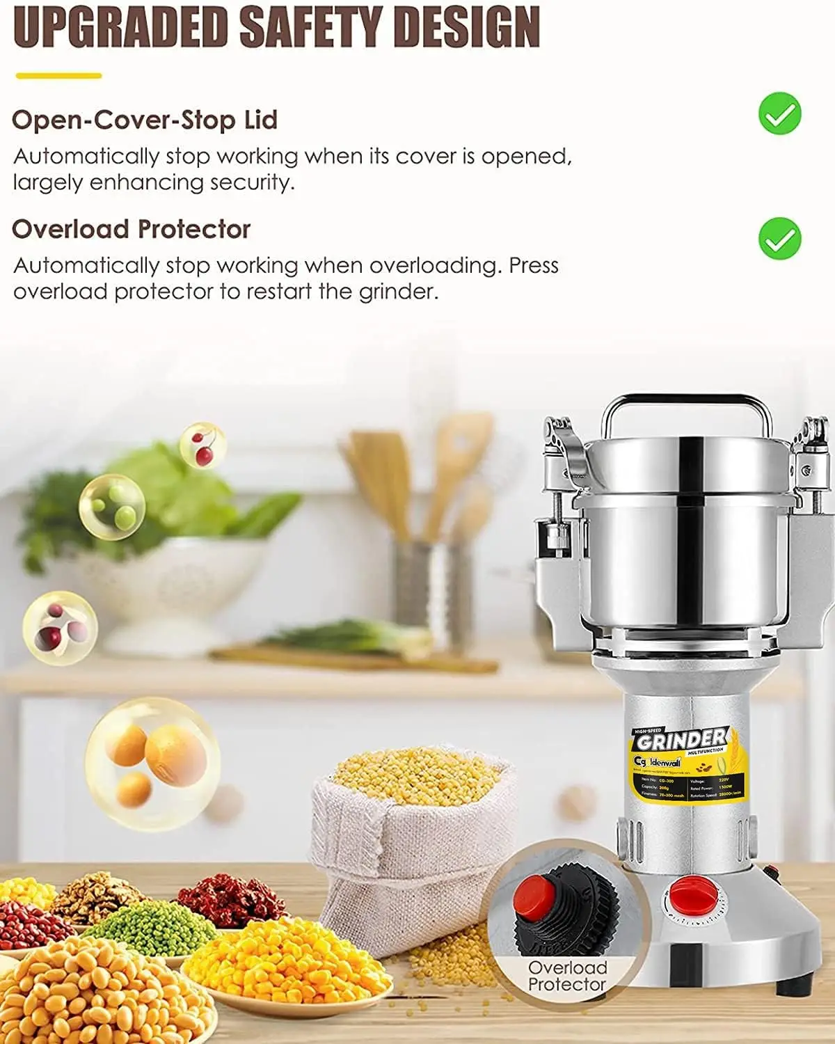 Safety Upgraded Electric Grain Grinder Mill High-speed Dry Spice Herb Mill Grinding Machine with 2400W Commercial Mo