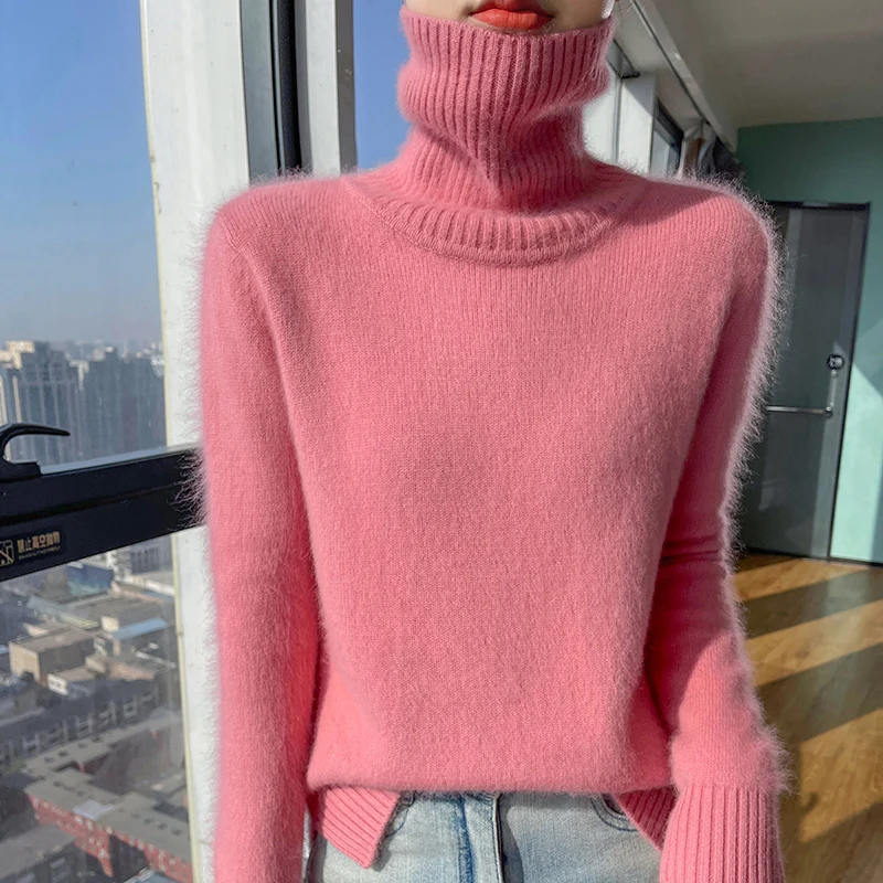 100% Mink Cashmere Sweater Women's hHigh Neck Knitted Pullover Casual Thick Solid Color Top Autumn Winter Warm Fashion Korean