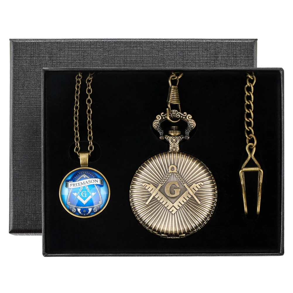 Royal Gifts Sets Masonic Design Freemasonry Chrome Pendant Quartz Pocket Watch Necklace Chain Jewelry Gifts Box for Men Women