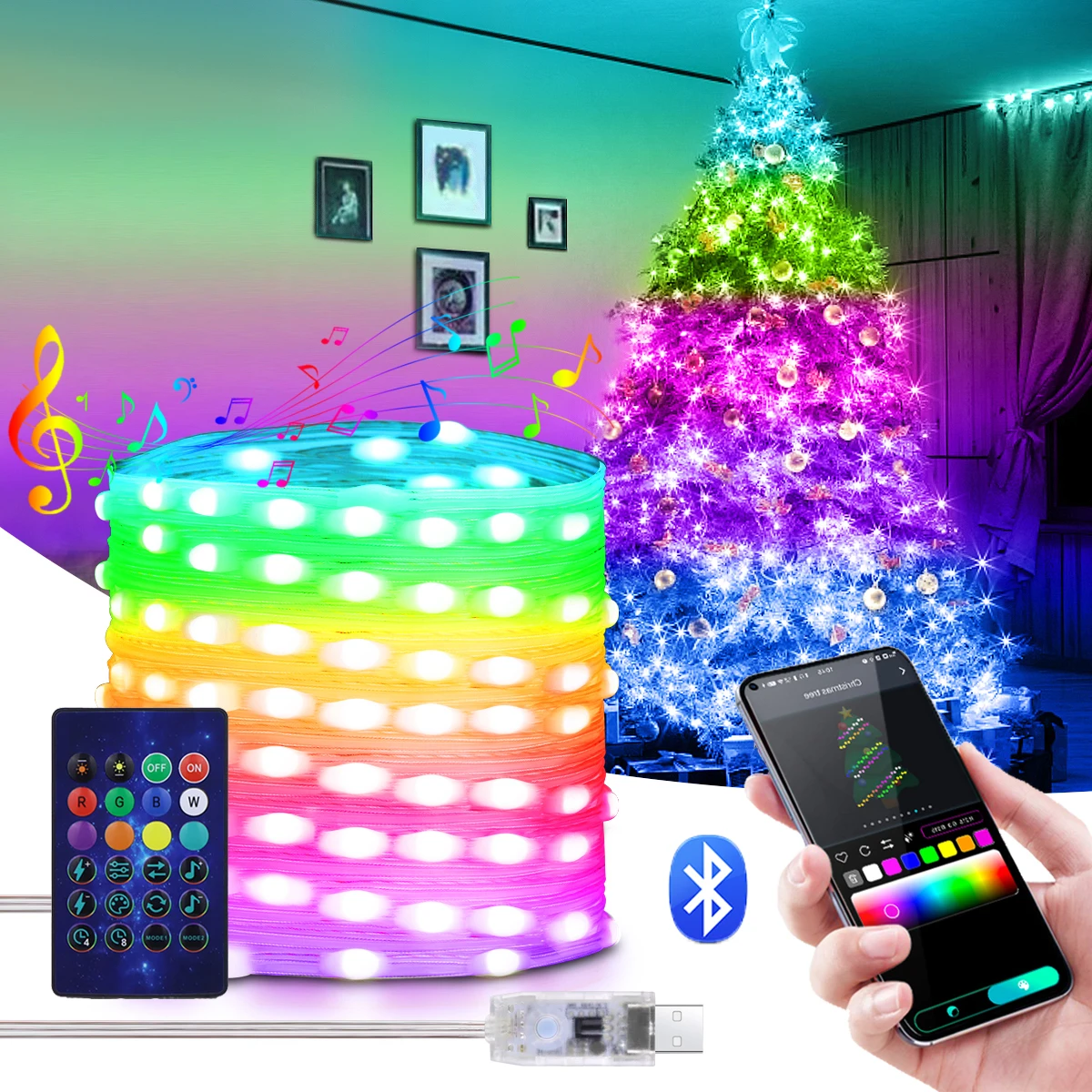 RGBIC Smart String Light 5m 10m 20m DIY LED Fairy Lights Programmable Bluetooth App USB Garland Home Christmas Wedding Decor