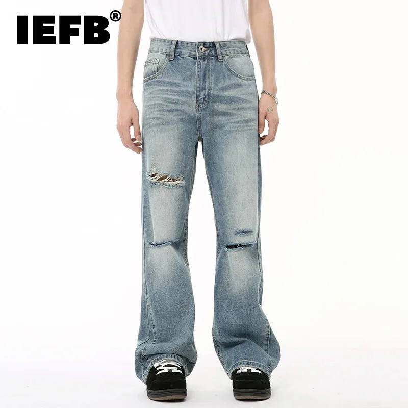 

IEFB American Style Men's Denim Pants Casual Worn-out Hole Wide Leg Menwear Straight Solid Color Male Bottom Chic 2024 9C6608