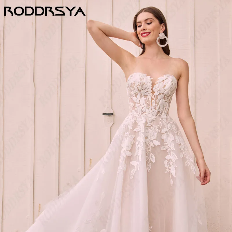 RODDRSYA-Robe de mariée trapèze en dentelle à manches courtes bouffantes, robes Boho, fête des patients, élégante, blanche, tulle, sexy, chérie, éducative Robe de mariée trapèze en dentelle à manches courtes bouffantes