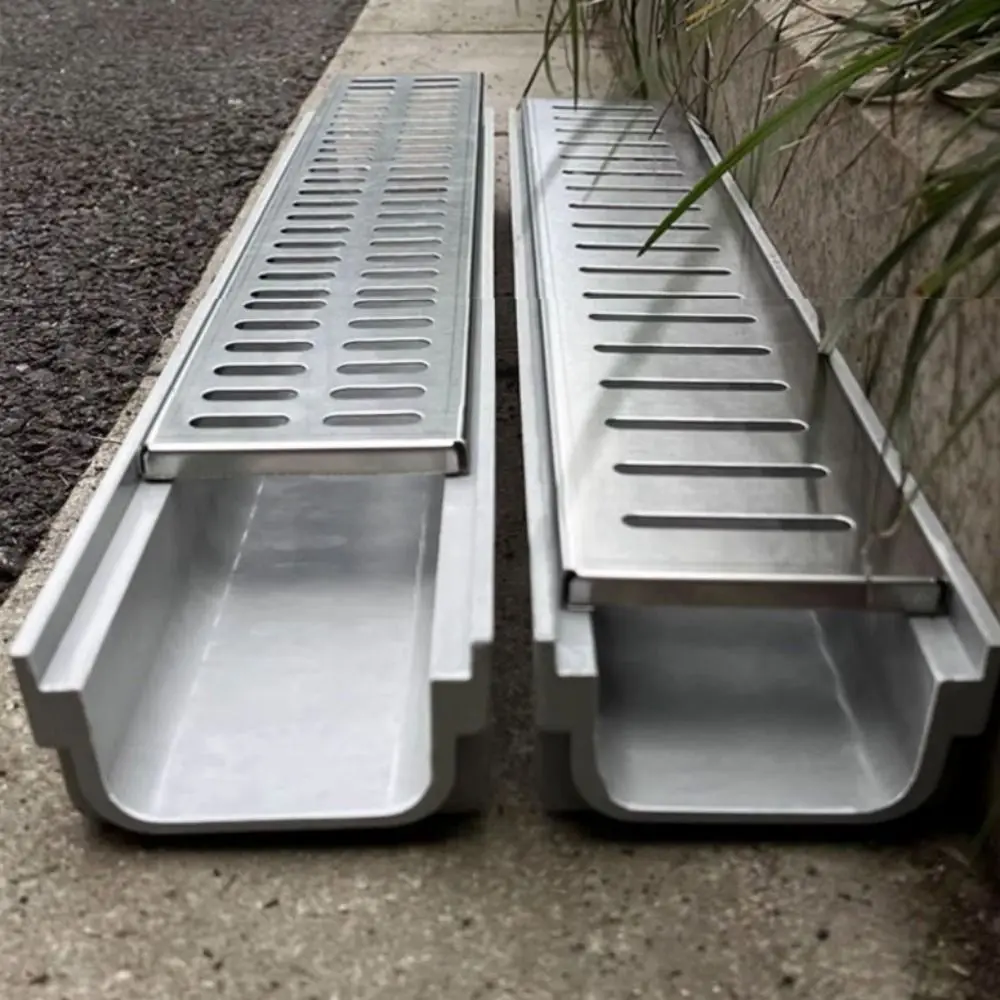 Resin Drainage Gutter Heavy Duty U-shaped Groove Finished Drainage Ditch Single Row Grate Stainless Steel Cover Linear Drain