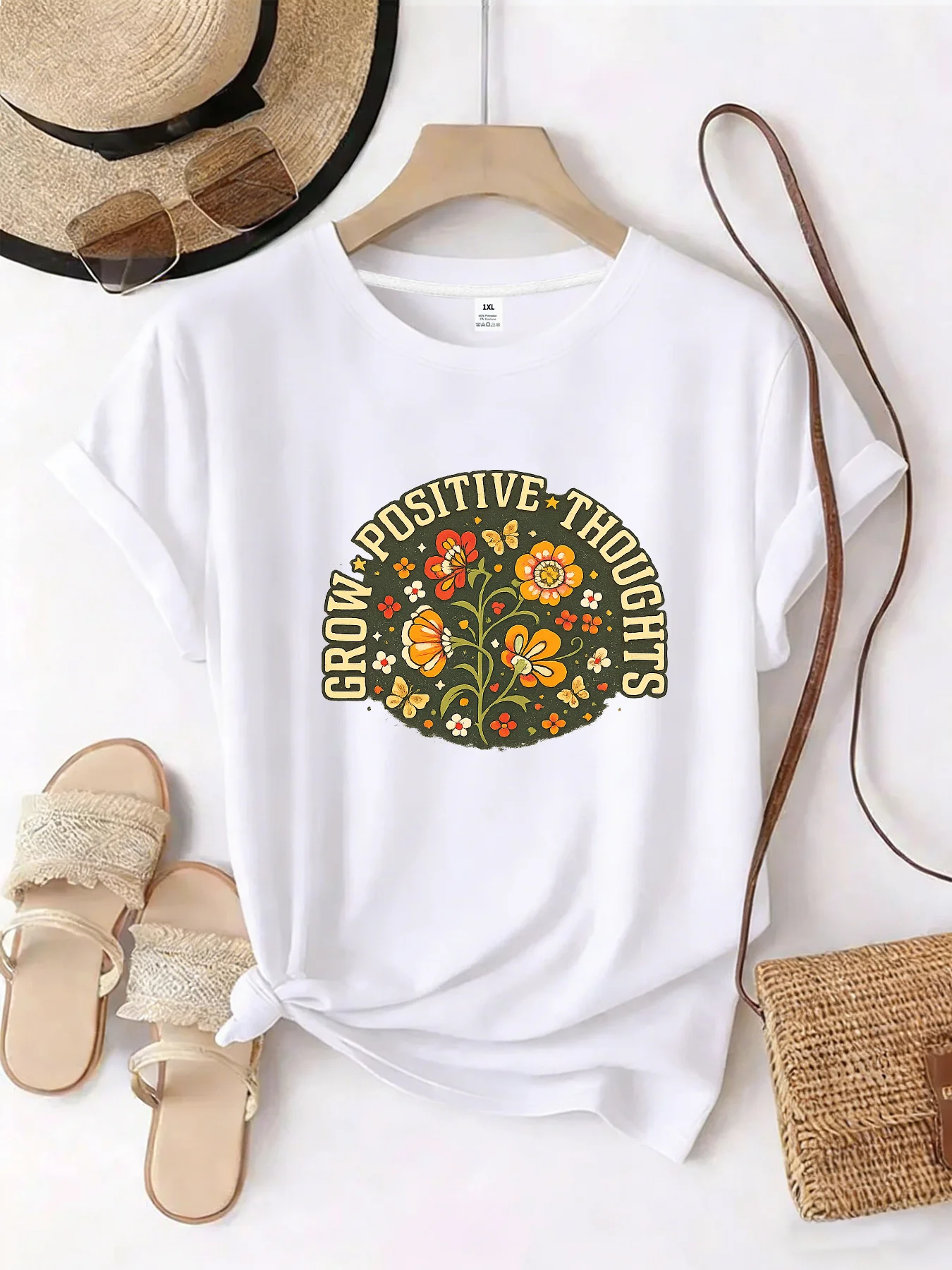 

【WZM101401】Женская футболка больших размеров с круглым вырезом и садовым принтом, летняя повседневная футболка с короткими рукавами, универсальная модная уличная футболка больших размеров