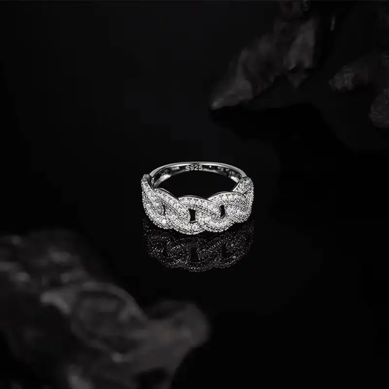 2025 Popular Luxury Full Moissanite Wedding Ring for Women Cuban Hip-Hop Style Platinum Plated Certified Valentine's Day Gift