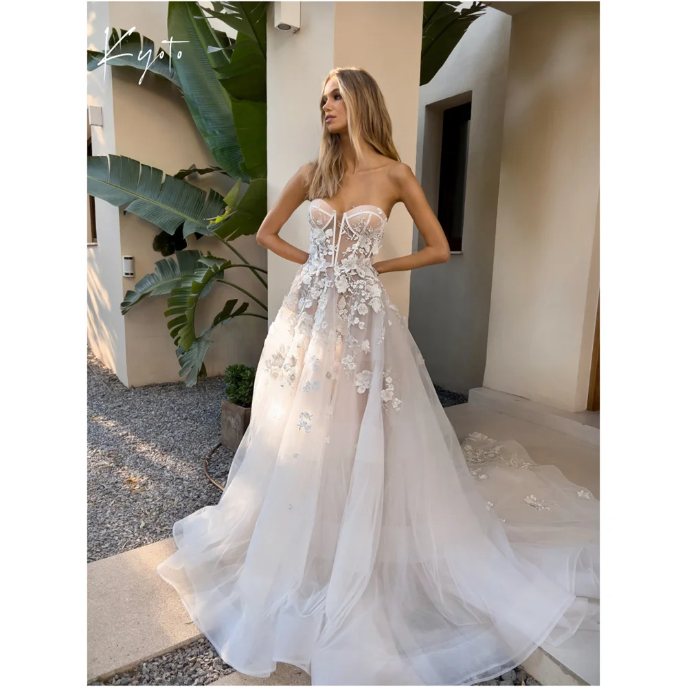 

Kyoto Customized Lace Applique Trailing High Waist Wedding Dress Strapless Backless فستان زفاف Sleeveless FormalAbito da sposa