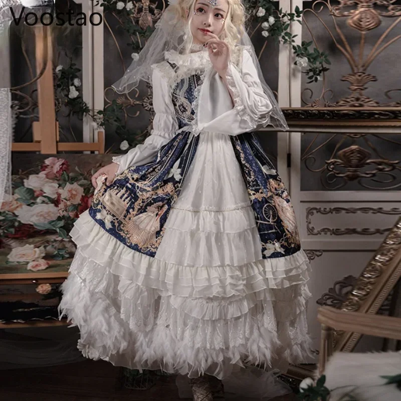 Sweet Lolita Princess Jsk Dress Victorian Vintage Women Cute Bow Lace Ruffles Sleeveless Party Dress Girls Chic Elegant Dresses