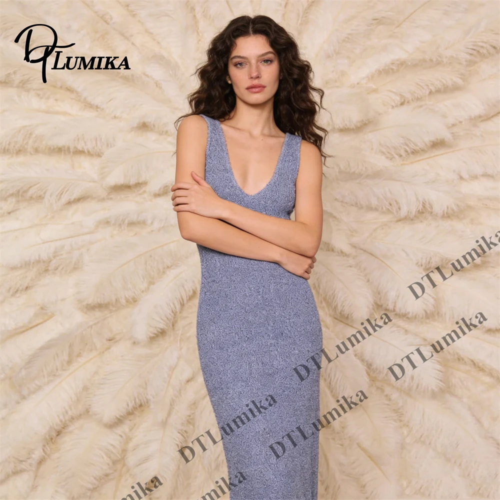 Periwinkle Bodycon Knit Midi Dress Sleeveless Deep V Neck for Office Commute Business Casual Smart Professional Outfit