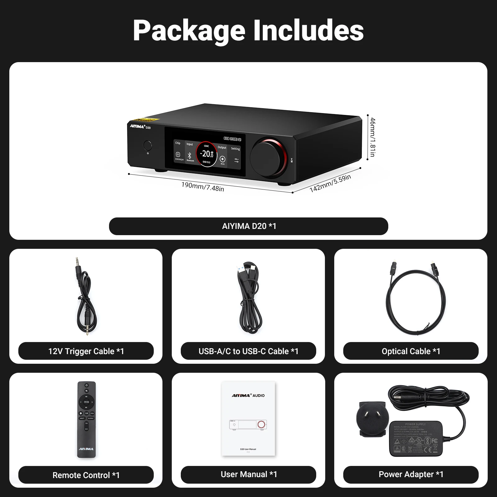 AIYIMA D20 HiFi DAC Decoder AK4493SEQ ES9039Q2M XMOS XU316 USB DSD512 Bluetooth 5.1 LDAC RCA XLR Audio-Konverter VU-Meter