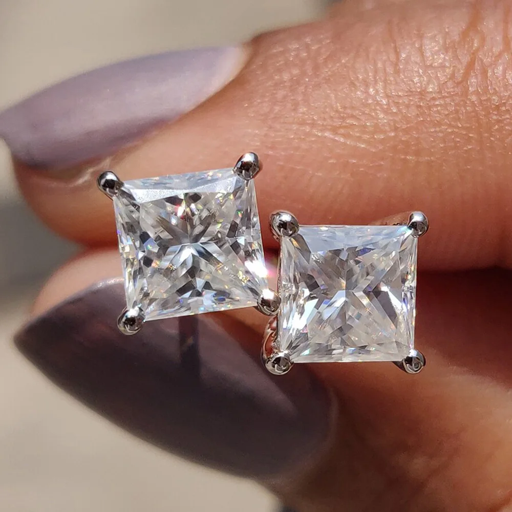 

0.5-4CT Princess Cut Moissanite Stud Earring for Women Men D Color Diamond 100% 925 Sterling Silver Jewelry Party Hiphop Gifts