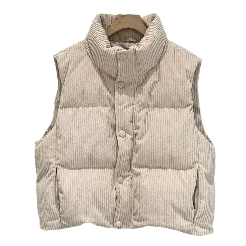 Corduroy Winter New Vest 2025 Fashionable Solid Color Stand Up Collar Loose Short Style with Cotton Camisole Shoulder External