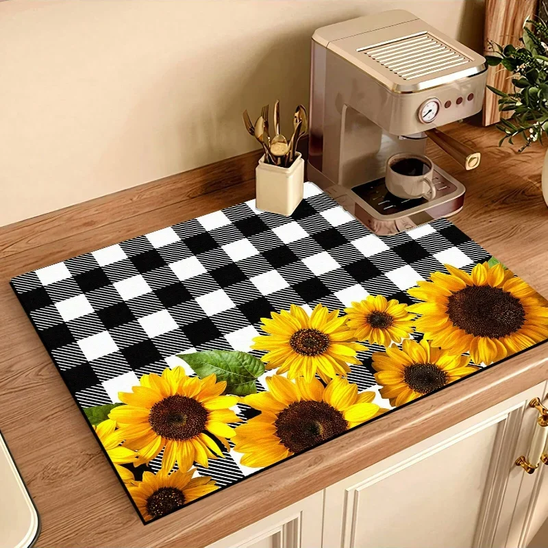 1pc Sunflower Printed Coaster Drainage Mat Coffee Machine Non-Slip Super Absorbent Wear-Resistant Dish Drying Mat For Countertop