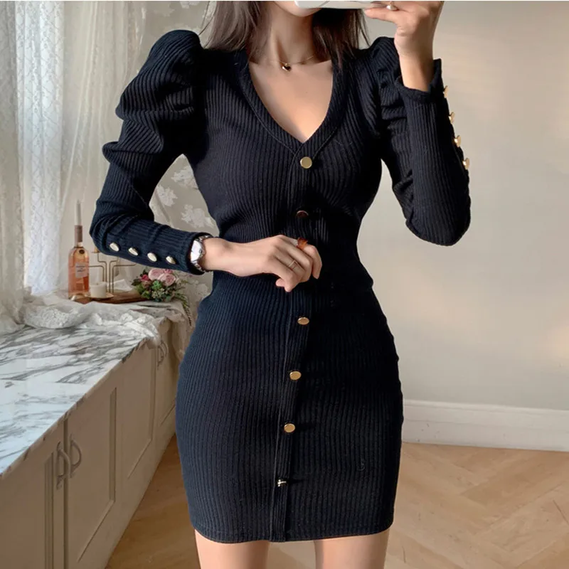 

Chic Autumn Winter Sexy V-Neck Elegant Puff Sleeve Knitted Sweater Dress Women Vestidos Single-breast Korean Mini Bodycon Dress