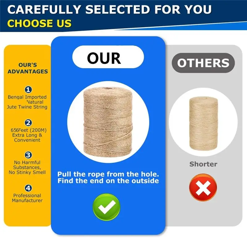 【A08I】656Ft Twine String, Hempjute Rope Cord Twine For Christmasdecorations, Arts & Crafts,Gift Wrapping, String