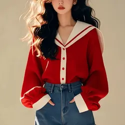 Women Clothing Korean Loose All-match Contrast Shirt Tops Long Sleeve Youth Cute Fashion Blouse Temperament Trend Spring Autumn