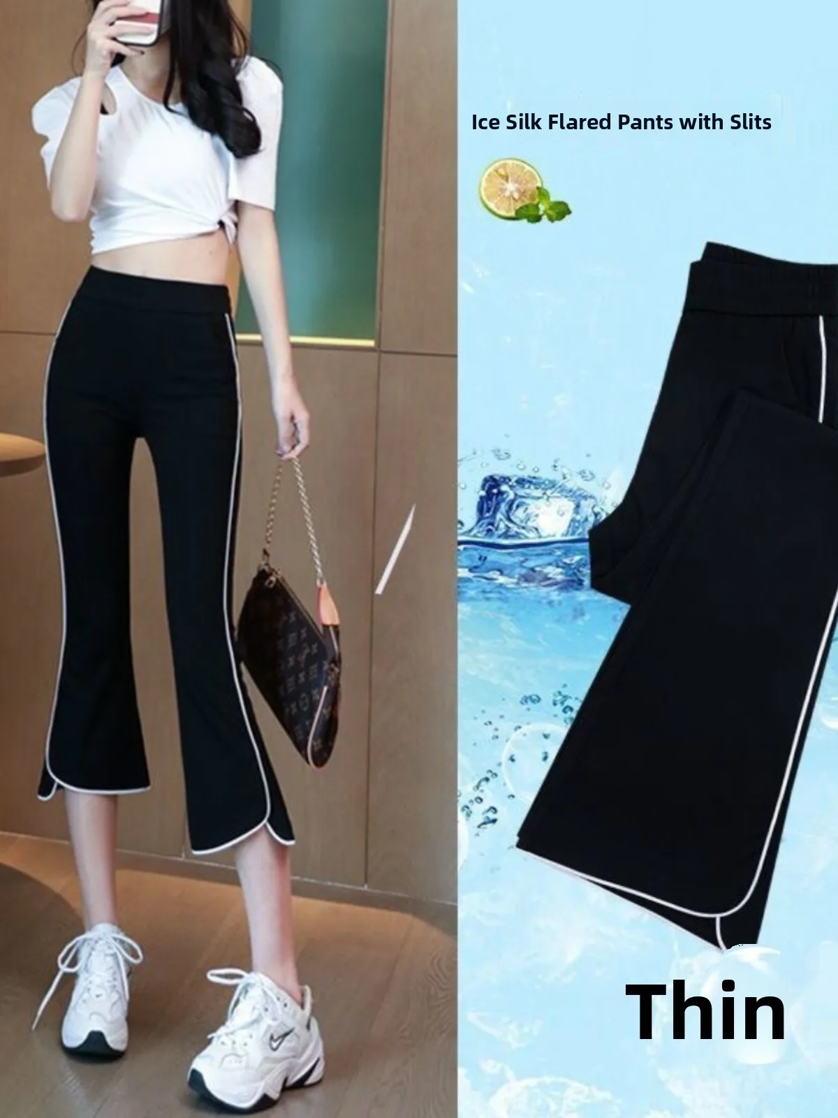 Siebenfuß-Hose mit hoher Taille für Damen, dünn, lässig, Spleißen, Sporthose in Übergröße mit Kette, Mikro-Schlaghose