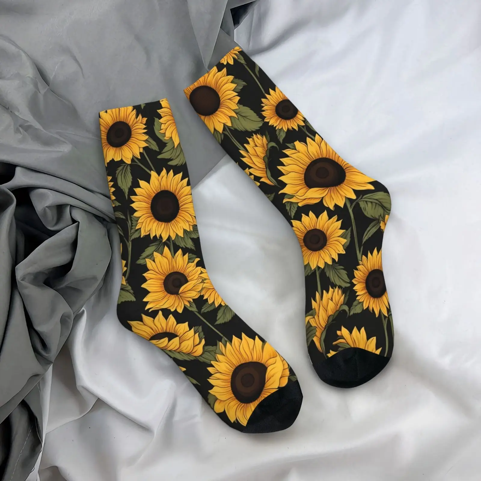 1 Pair Funny Novelty Crew Socks Compatible for Men Women Spandex Blend Full-Body Sunflower Print Socks with Happy Patterns