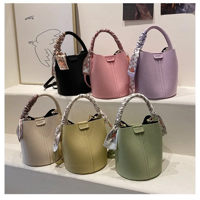 Lychee texture soft leather handbag women's summer new fashion shoulder crossbody bag with silk scarf bucket underarm bag