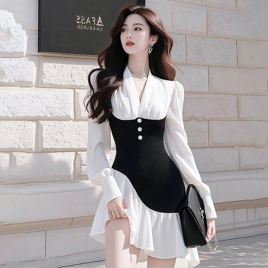Elegant Contrast Mini Dresses Women Deep V Puff Long Sleeve Crystal Buttons Asymmetrical Ruffle Hem Slim Bodycon Club Outfit