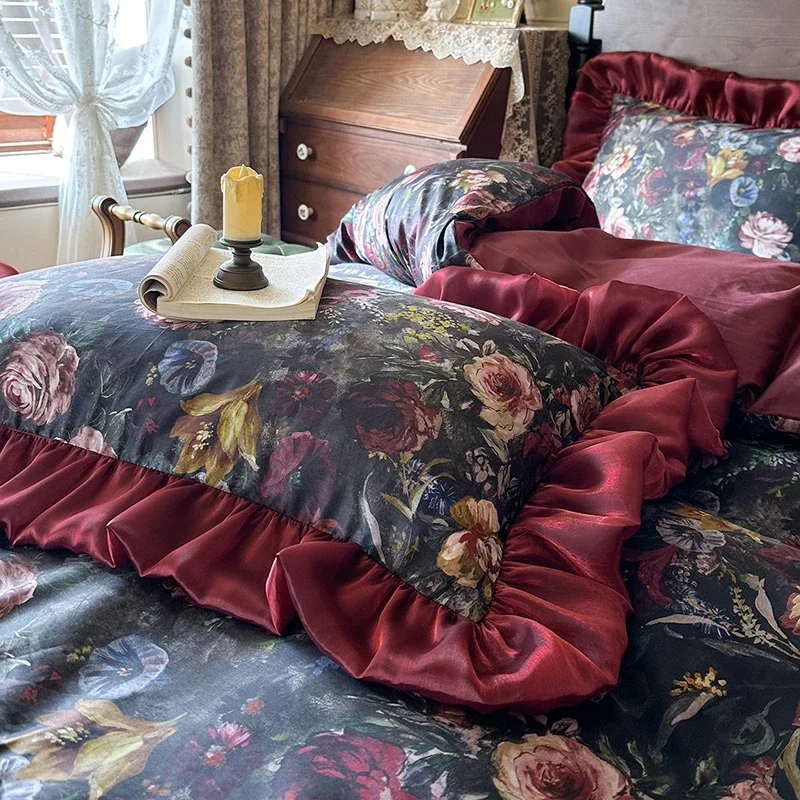 Vintage Victorian 100% Cotton Bedding Set 4-Piece Set Dark Floral Print Wine Red Shiny Ruffled Bed Skirt Duvet Cover Pillowcase