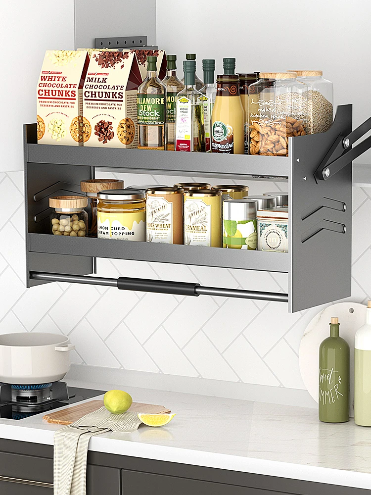 Wall Cabinet Lift Pull Basket Kitchen Cabinet Pull-down Seasoning Rack Kitchen Cabinet High Cabinet Seasoning Pull-down Storage Rack