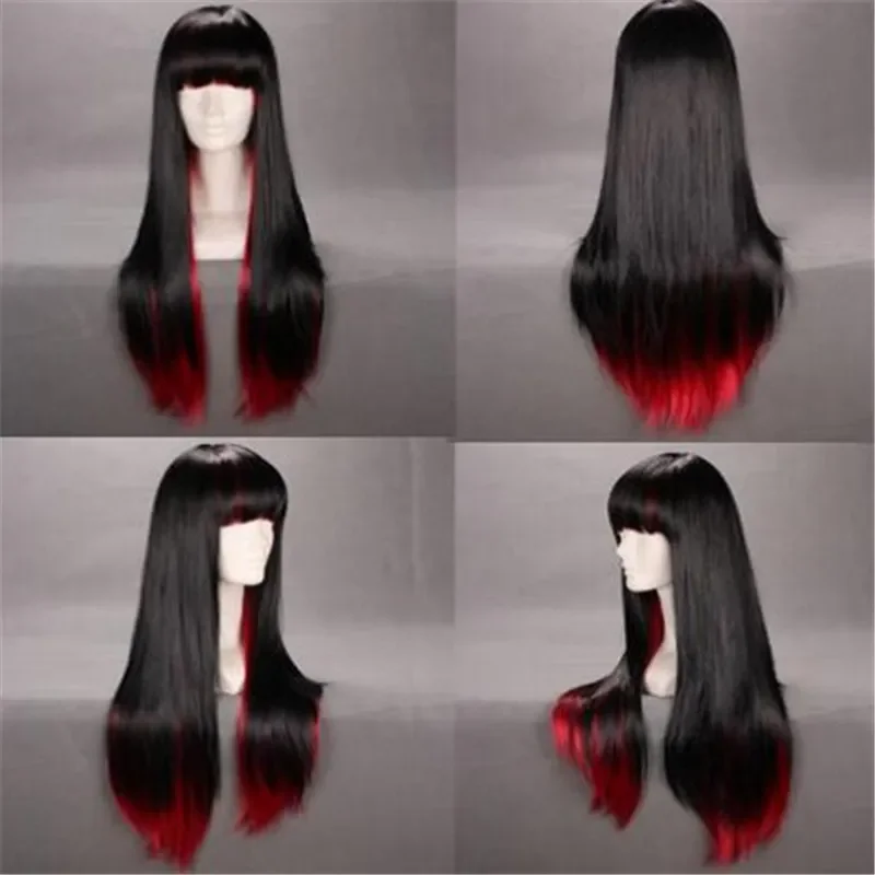 Fashion Lady Black + Red cosplay womens long straight full Heat Resistant hair wig