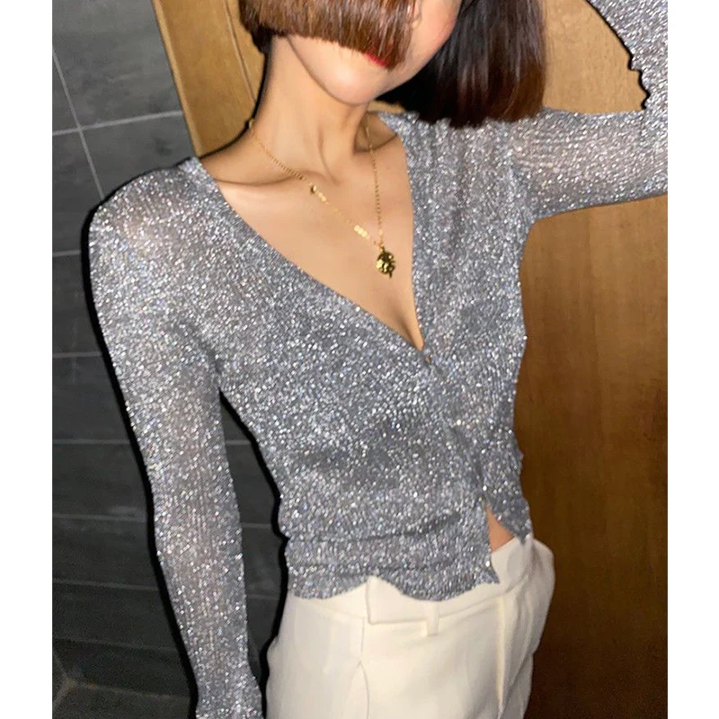 Primavera Outono V-neck Lantejoulas Camisola Fina Cardigan Mulheres Streetwear Moda Tendência Y2K Popularidade Casaco Sey Mesh Roupas Femininas