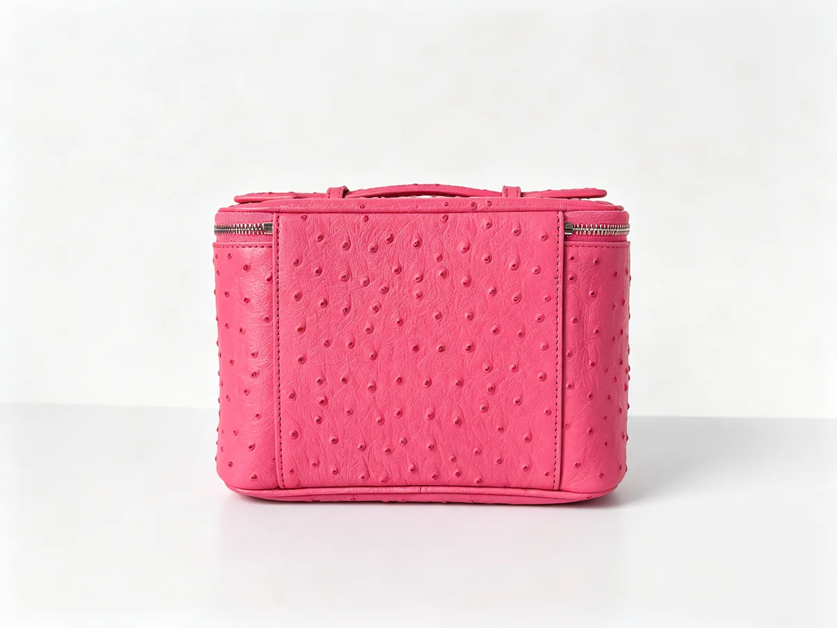 Neue Kosmetiktasche aus echtem Leder mit Straußenmuster, Damen-Kulturtasche, große Kapazität, luxuriöser Badezimmer-Organizer – Detail 13
