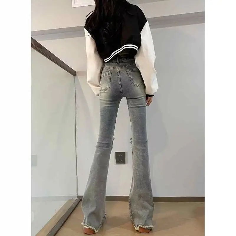 

High Waist Bell Bot Denim Jeans Women's Spring 2026 New American Frayed Hoof Pants Casual Blue Cotton Polyester