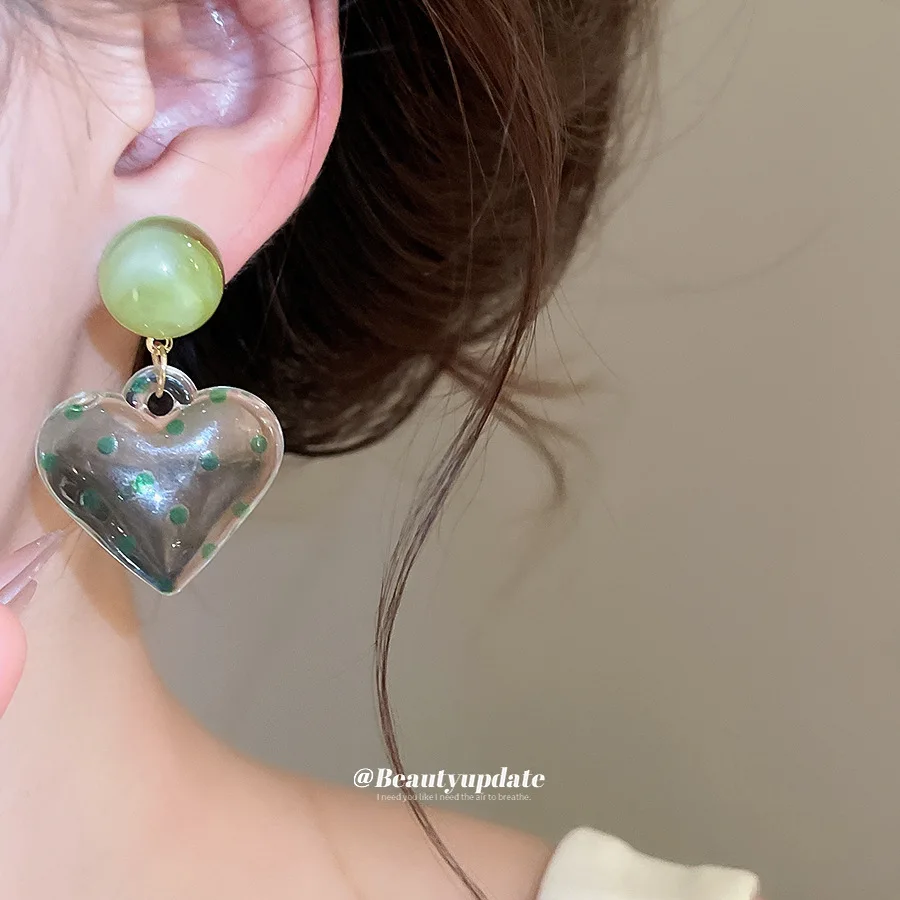 1Pair  Cute Green Polka‑Dot Heart Dangle Earrings, Transparent Resin Heart With Round Bead, Sweet Fresh Style Drop Ear Jewelry