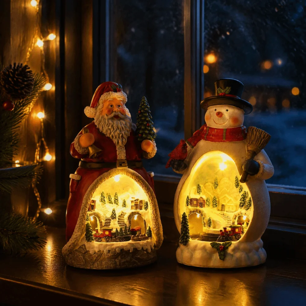 Rotating Santa Claus Music Box LED Lights Resin Sculpture Rotating Christmas Ornament Tabletop Decoration Multifunctional