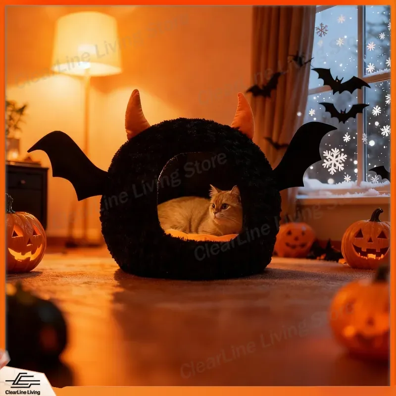 Halloween Cat Bed Enclosed Winter Warm Pet House Little Devil Design Safe Cozy Cave for Kittens All Season Universal Litter