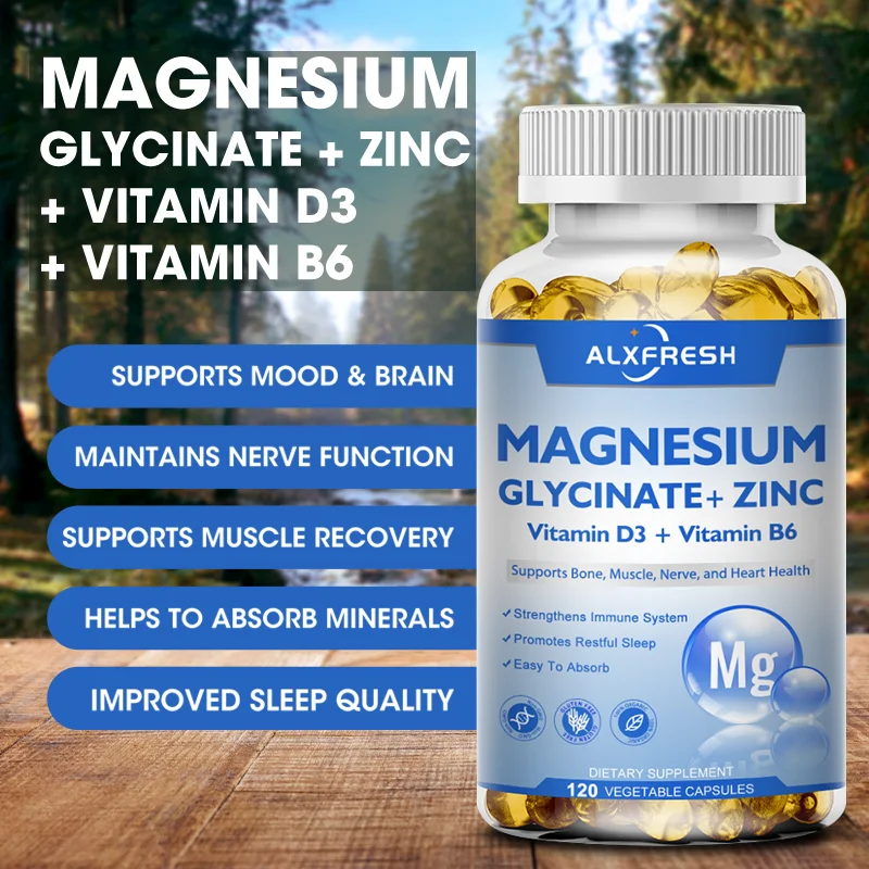 Suplemento Glicinato de Magnésio com Zinco, Vitamina D3 B6, Facilidade Nervos, Músculos, Articulações, Cérebro, Memória, Sono, Apoio Calmo, 500mg