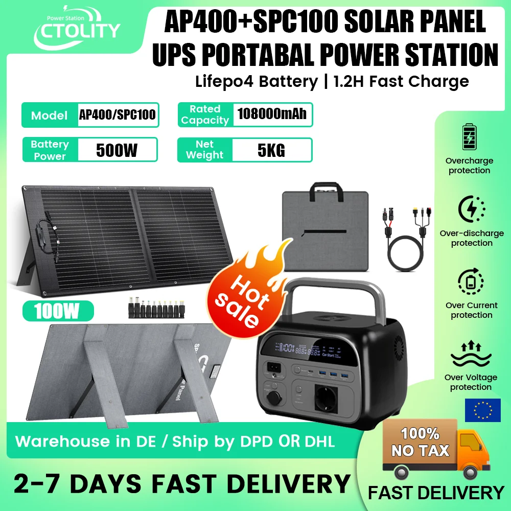 Estação de Energia CTOLITY AP400 com Painel Solar Dobrável SPC100, Bateria LiFePO4 Onda Se