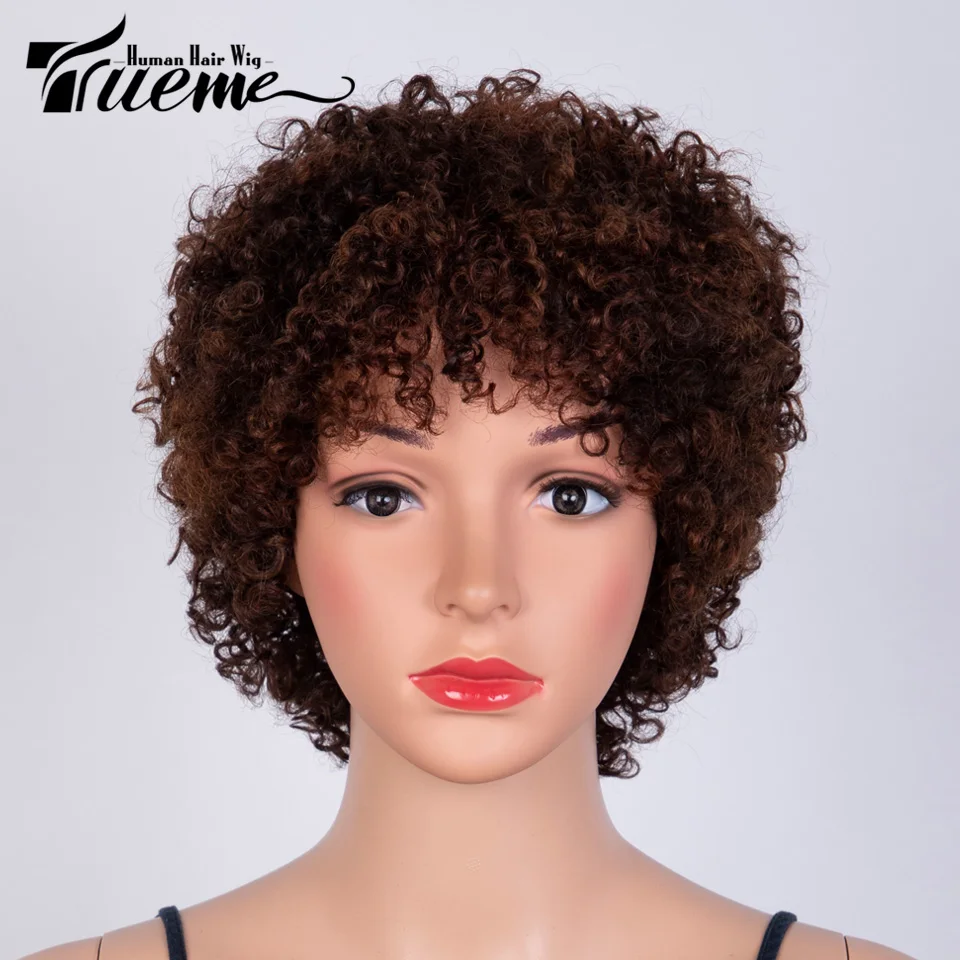 

Trueme Kinky Curly Short Fashion Wigs For Women Mix Brown Brazilian Remy Afro Kinky Curly Human Hair Cheap Full Machine Made Wig