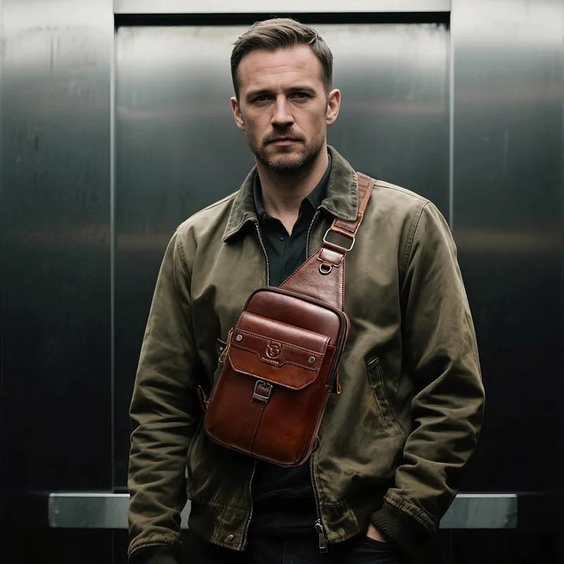BULLCAPTAIN Vintage Men Bag Genuine Leather Chest Bag Messenger Bag Casual  Shoulder Bags For Daily Commute Travel Crossbody Bag